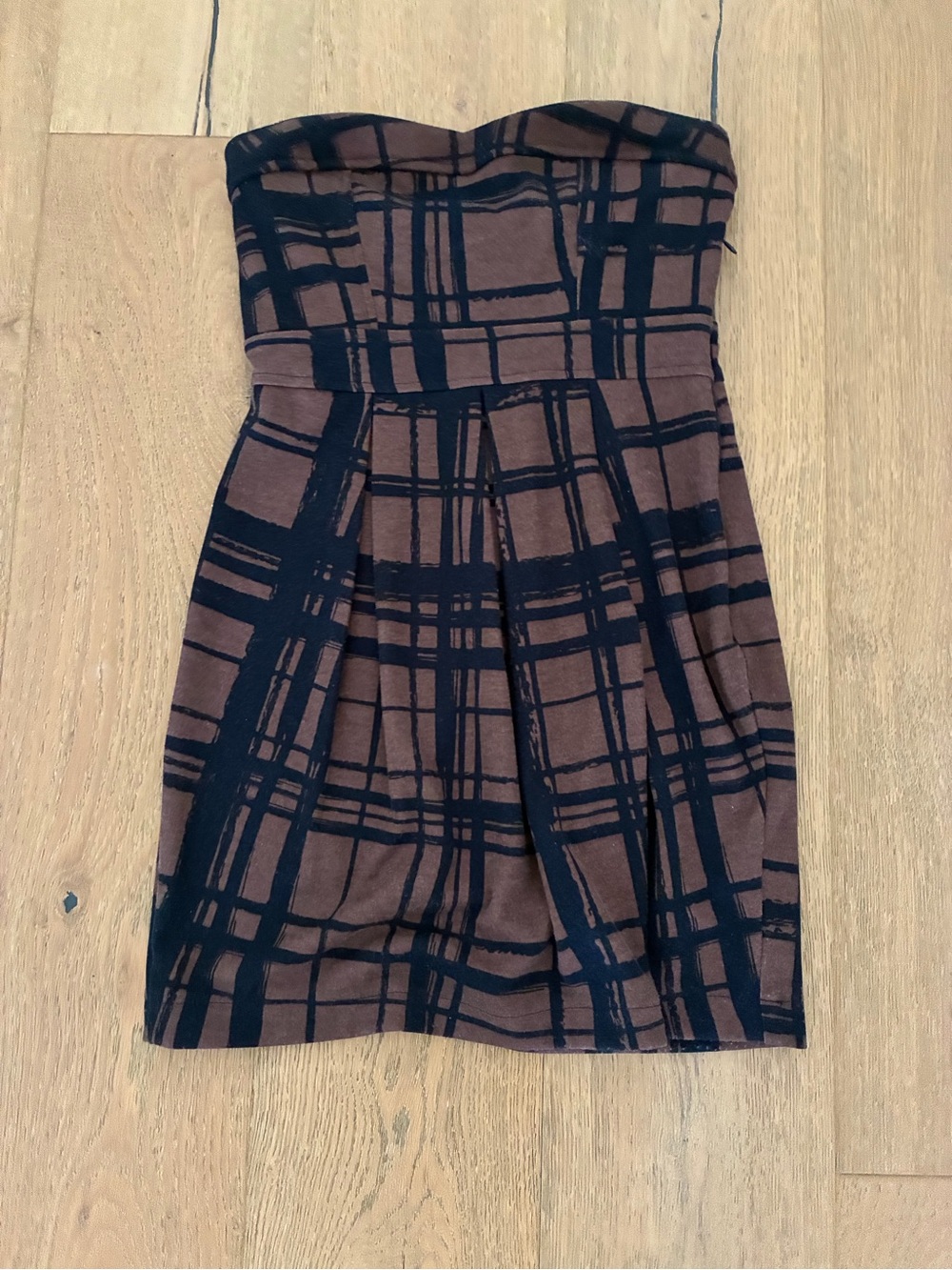 Strapless Brown Plaid Pleated Mini Dress